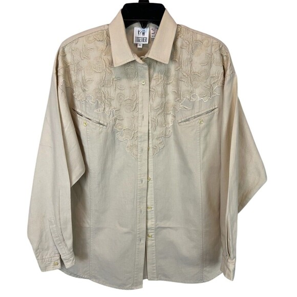 Together! Vintage 80s Button Up Shirt  Women's M  Beige LS Embroidered Western - Picture 1 of 8